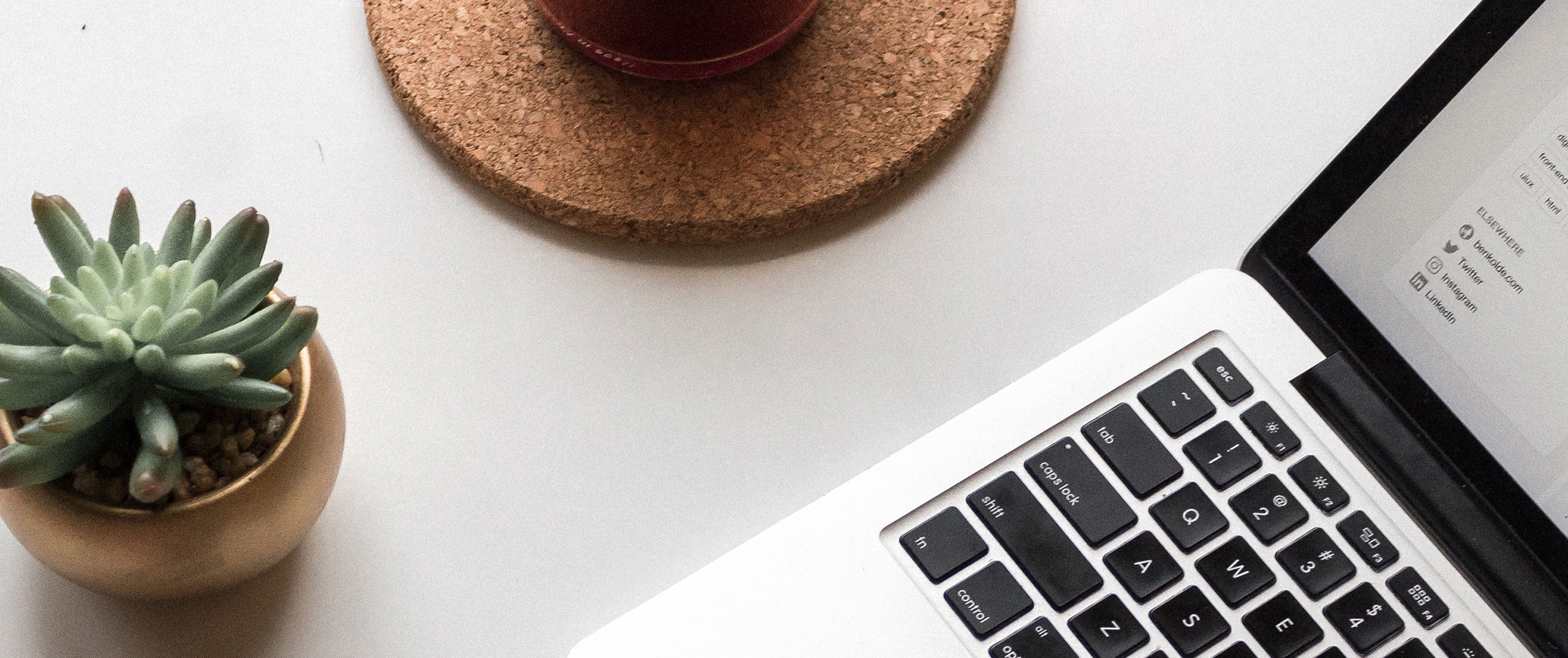 Desk scene with the edge of a laptop and a potted plant